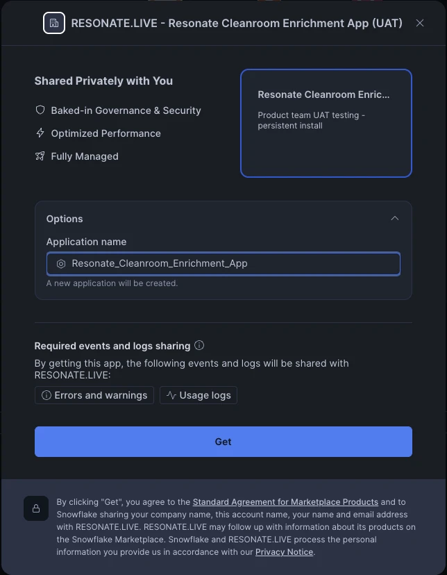 Snowsight install dialog for the Resonate Clean Room Enrichment App showing the application name field and event sharing options