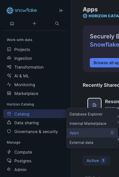 Snowsight left sidebar showing Catalog menu with Apps option highlighted