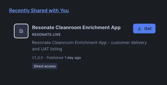 Snowsight Apps catalog showing the Resonate Clean Room Enrichment App card with a Get button